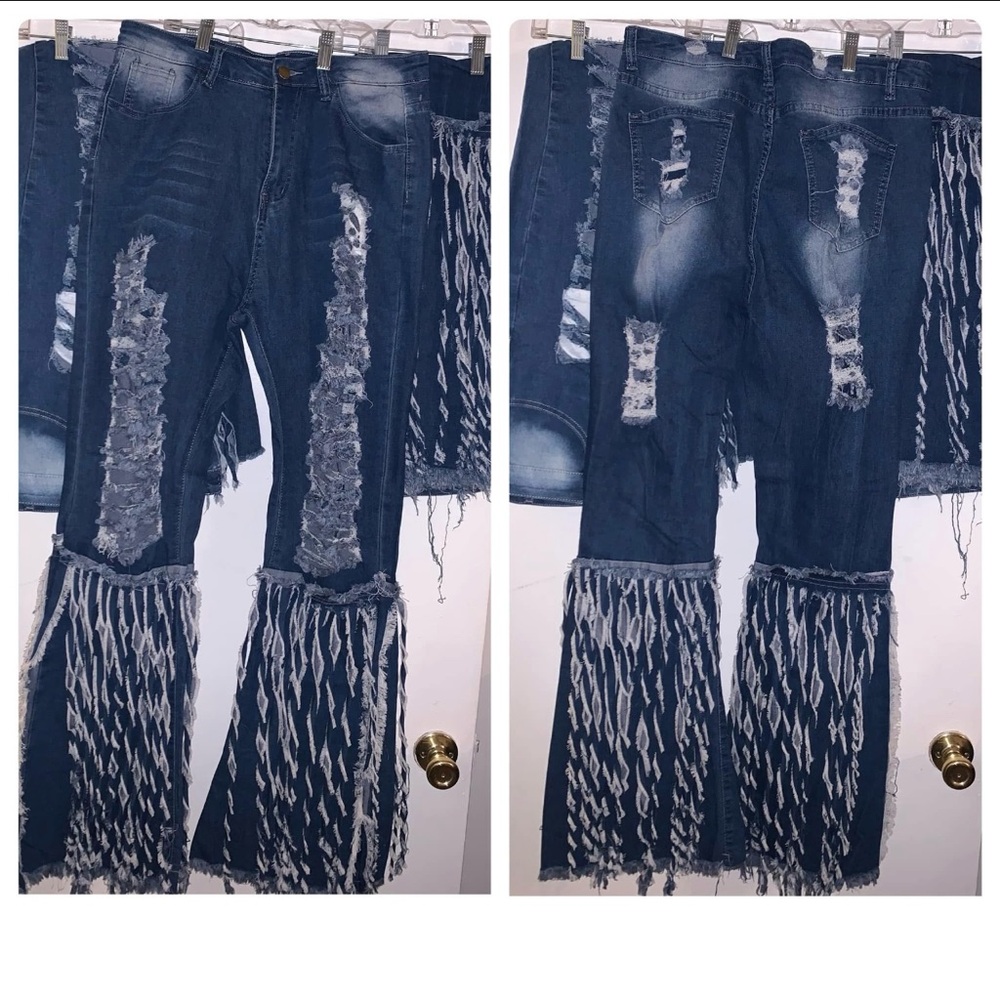 Dark Blue Distressed Wide-Leg Jeans with Fringe Trim
